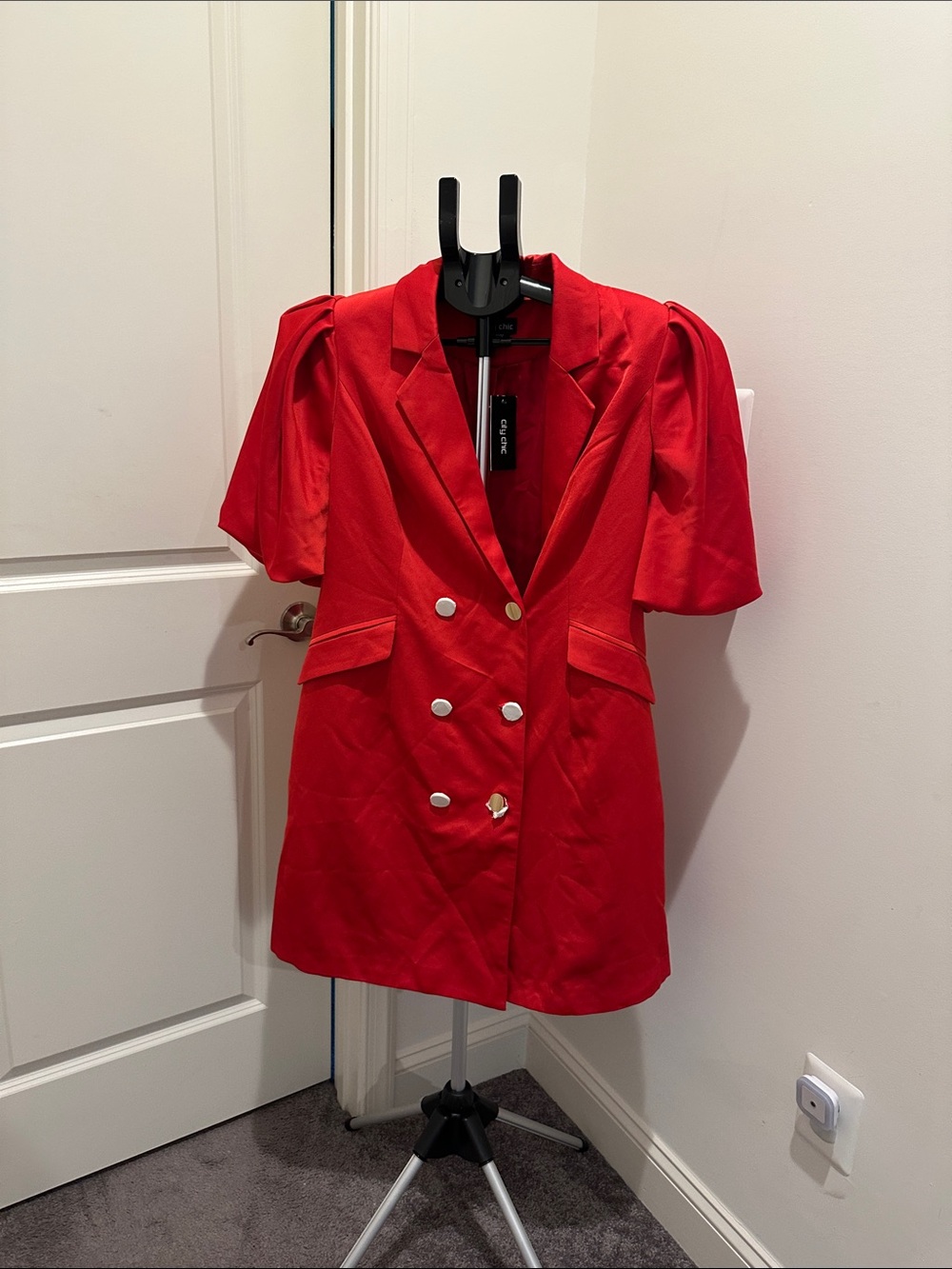City Chic Red Double-Breasted Puff Sleeve Blazer Dress with Gold Buttons